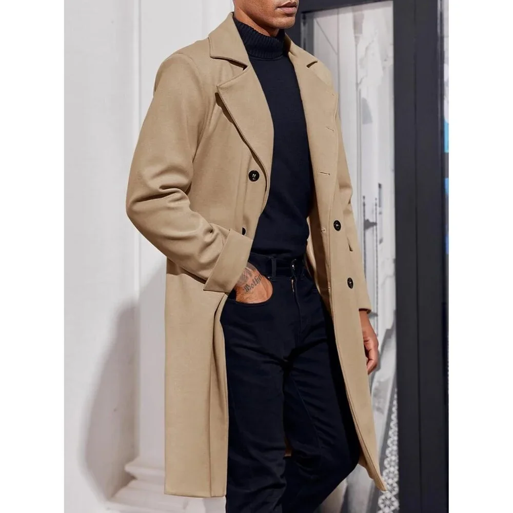 Men's Khaki Notch Lapel Double Breasted Long Trench Coat Cotton Blend Pea coat